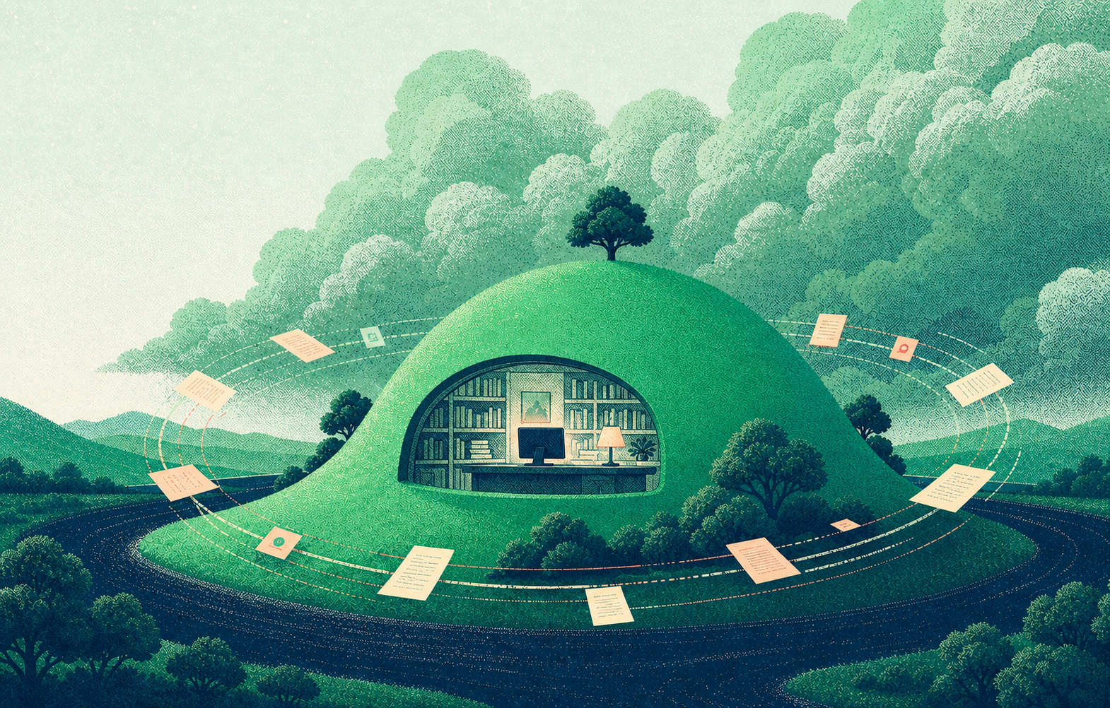 Risograph illustration: a green hill housing a warm lit study of bookshelves and a desk, orbited by rings of paper documents above a winding river