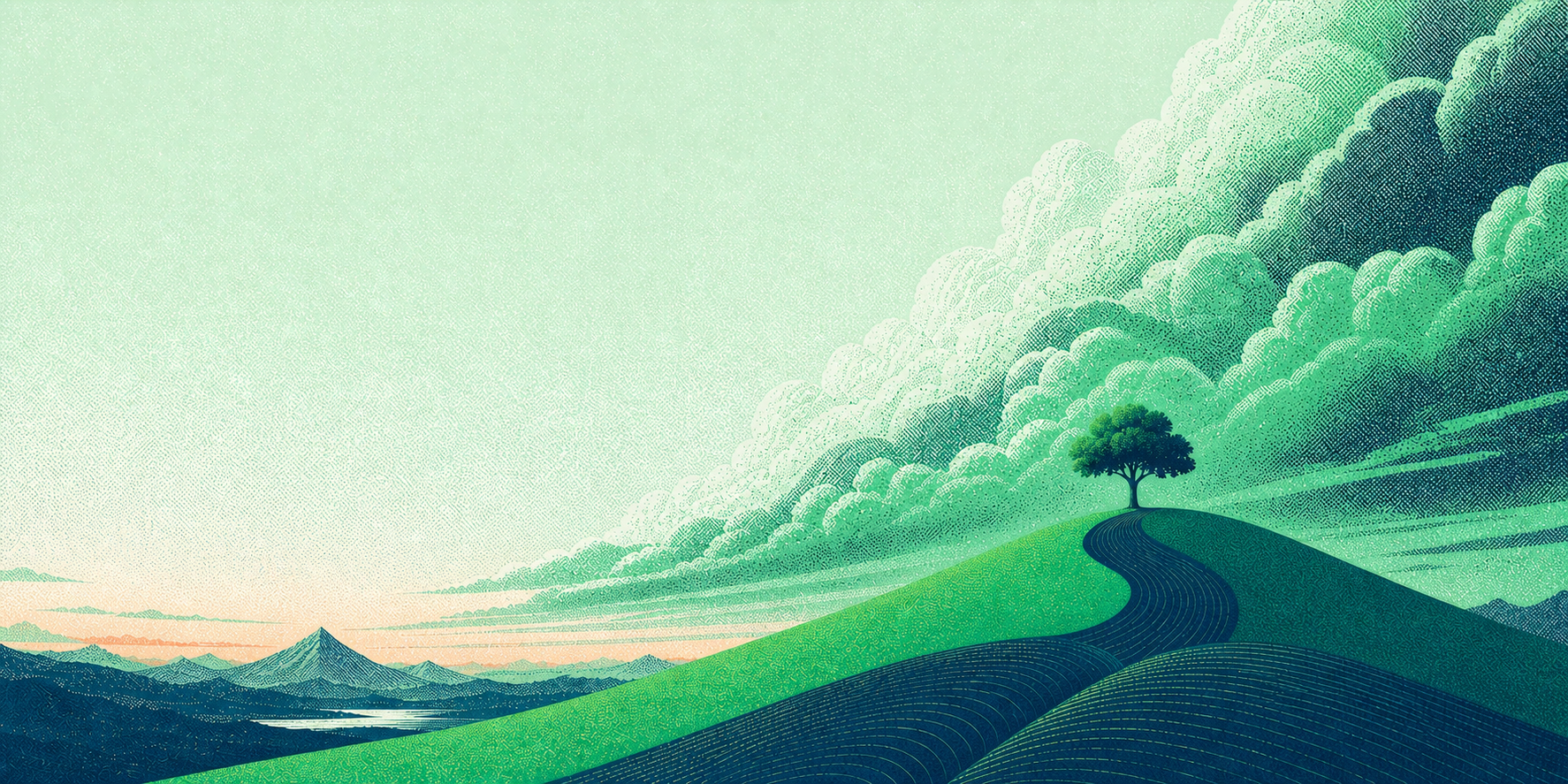 Risograph landscape: a single tree on a green hill under towering mint clouds, a navy path winding to the horizon