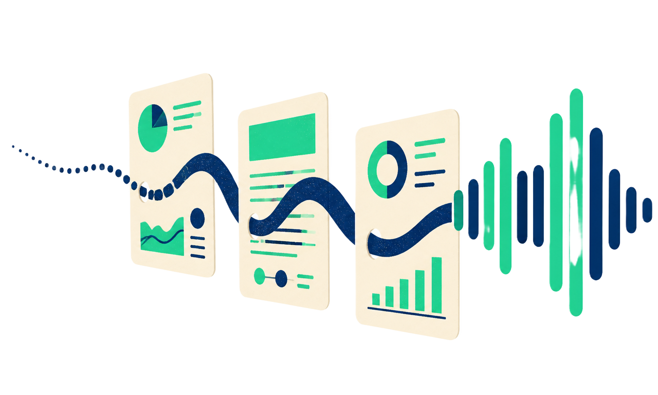 A dotted line threading through three research documents and swelling into a bold green and navy audio waveform