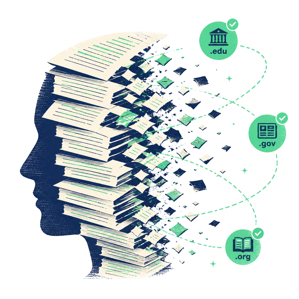 A head in profile made of stacked pages dissolving into fragments, with verified source badges orbiting nearby
